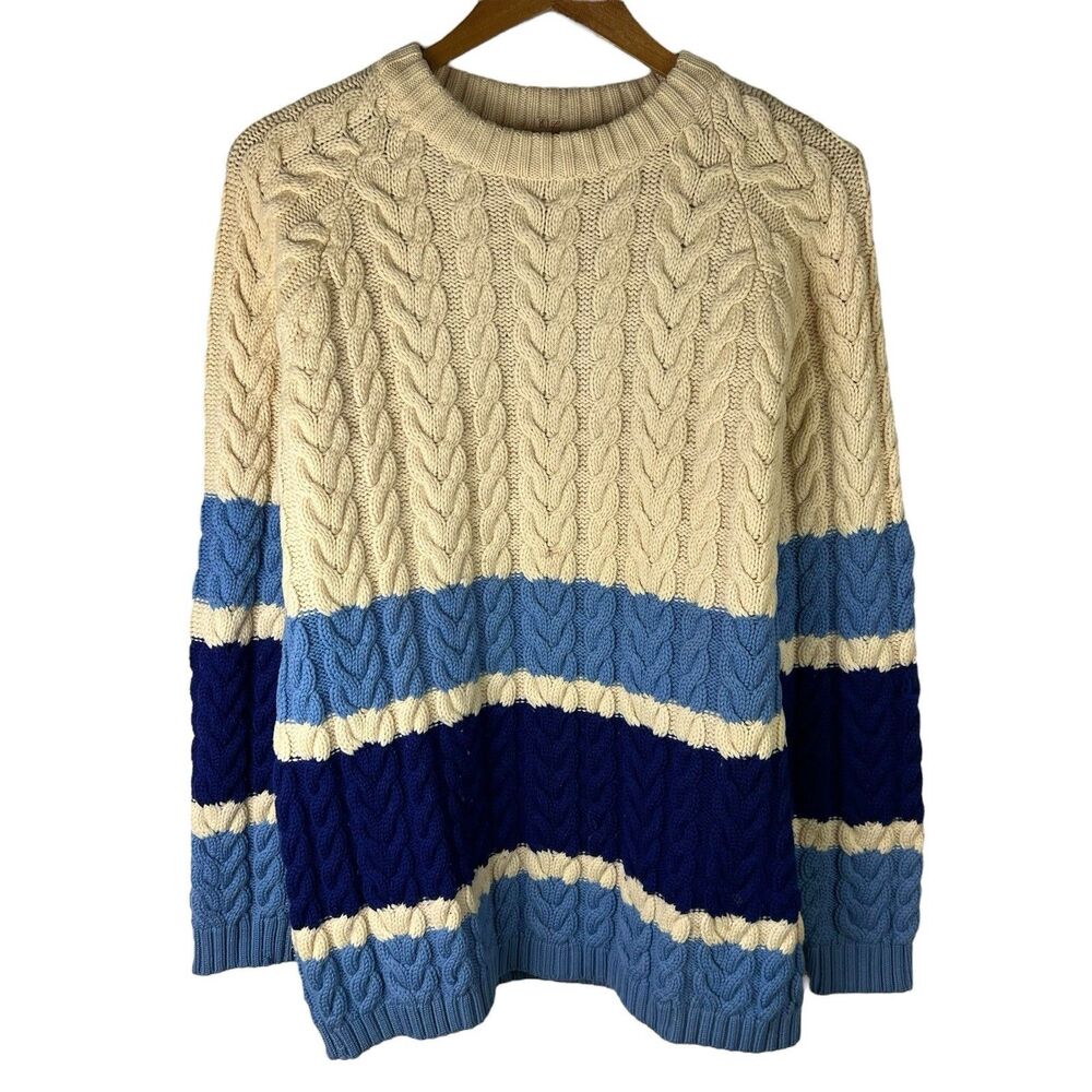 Vintage Hand Knit Wool Cable Knit Sweater Chunky Ivory Pullover 60s 70s Striped